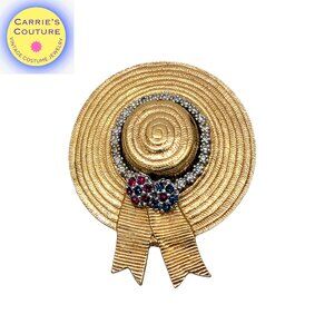 Vintage Signed Ciner Goldtone Faux-Ruby & Sapphire & Clear Rhinestones Hat Pin